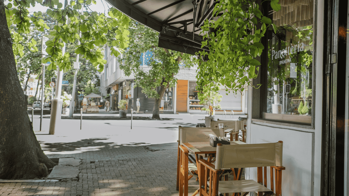 Stylish cafe and mixed-use neighborhood life in Ipanema