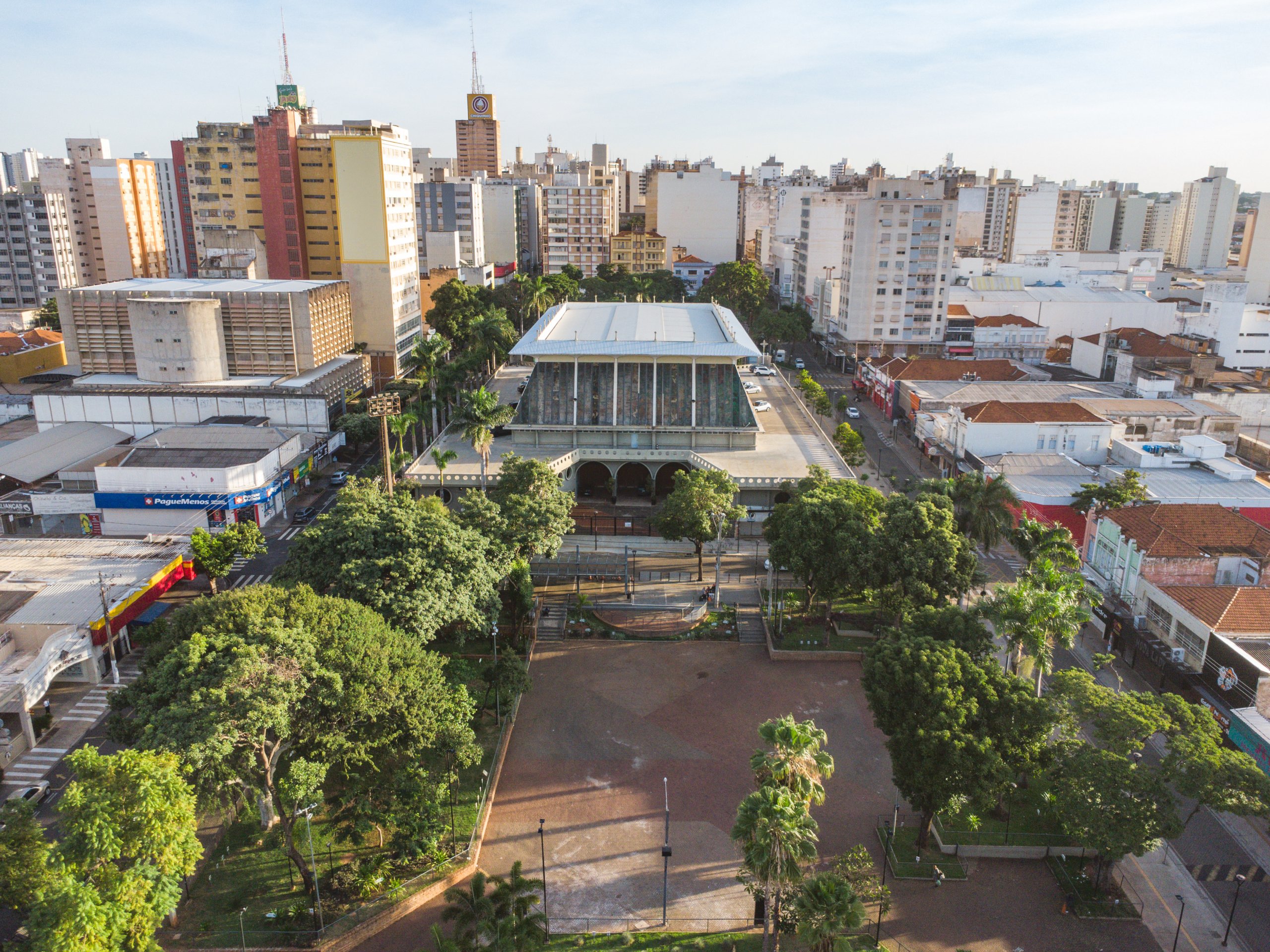 Sรฃo Josรฉ do Rio Preto โ drone view of modernist Catedral de Sรฃo Josรฉ and surrounding downtown square.