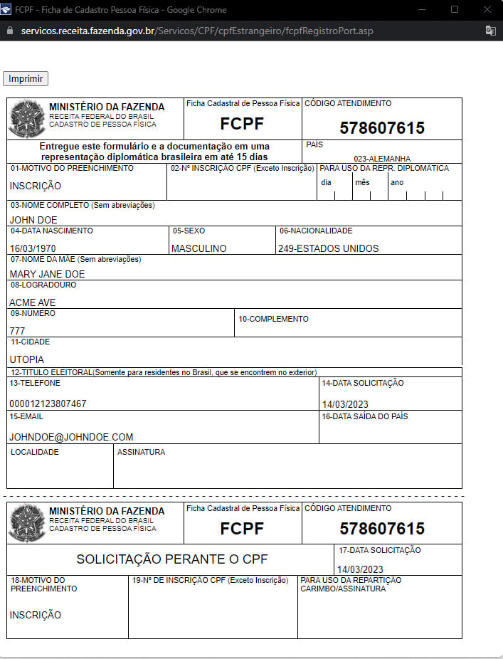 Ready-for-print CPF application form generated by Receita Federal