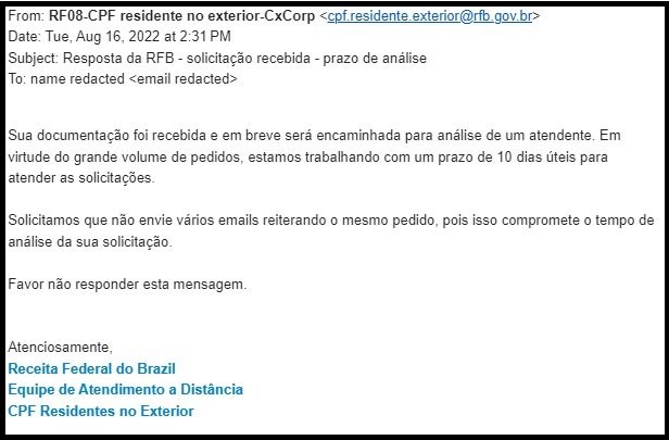 Receita Federal confirmation message for CPF application submission