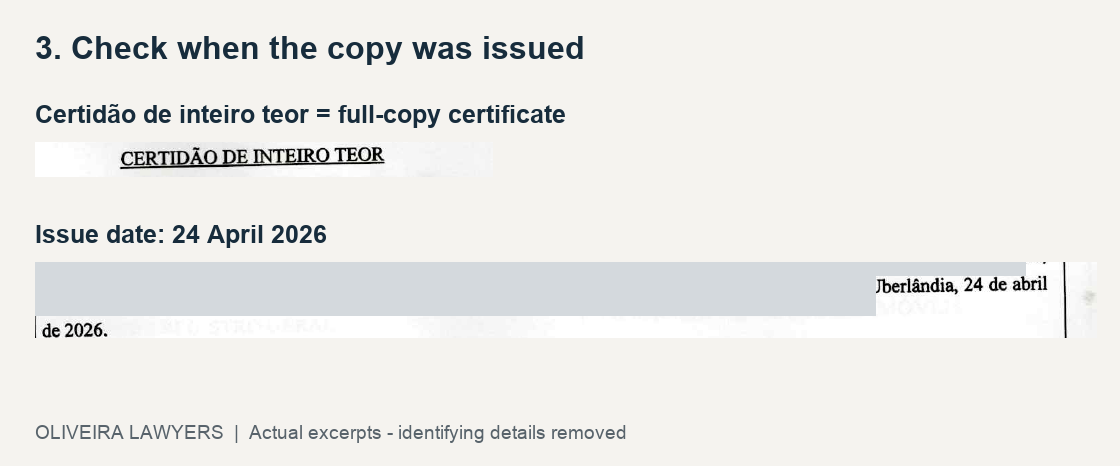 Anonymized certificate excerpt with the heading Certidão de inteiro teor and issue date of 24 April 2026