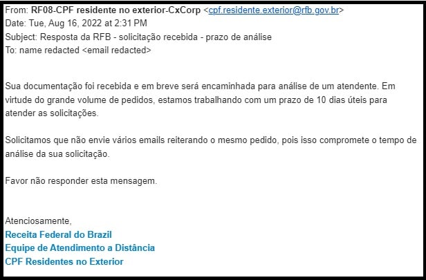 Receita Federal confirmation message for CPF application submission