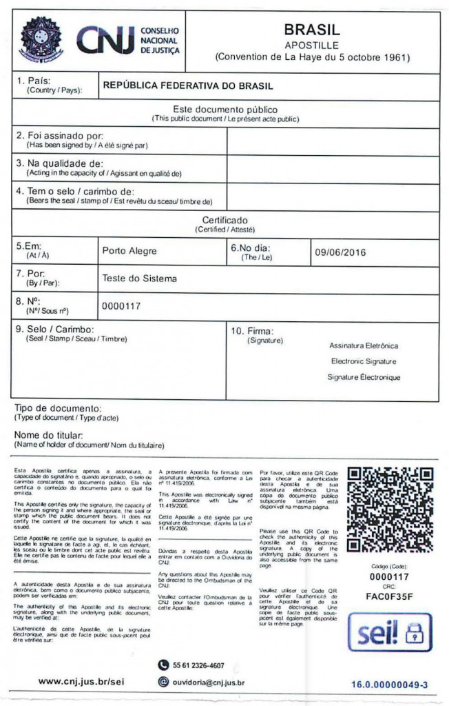 Example of Apostille Issued in Brazil