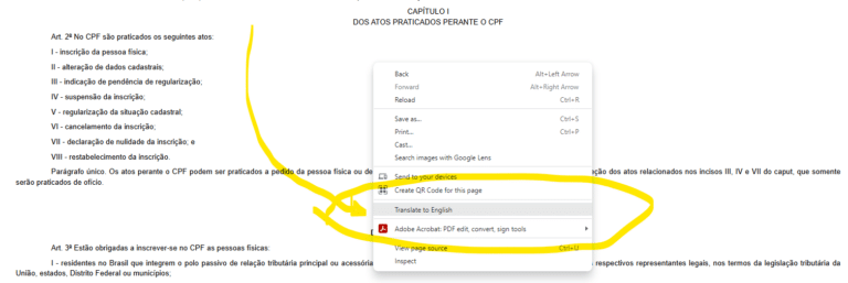 How to translate the Brazilian CPF normative instruction page from Portuguese to English in Chrome