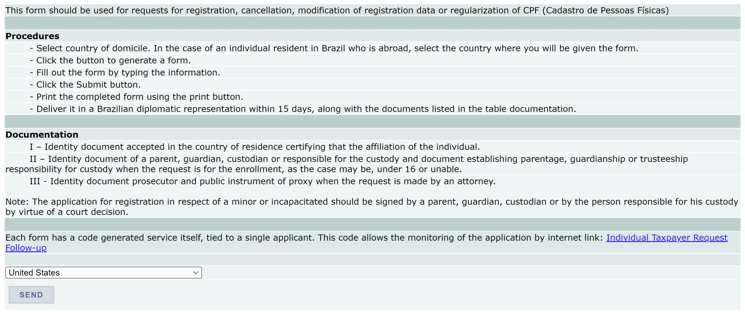 CPF application form (FCPF) first screen in English for foreign citizens