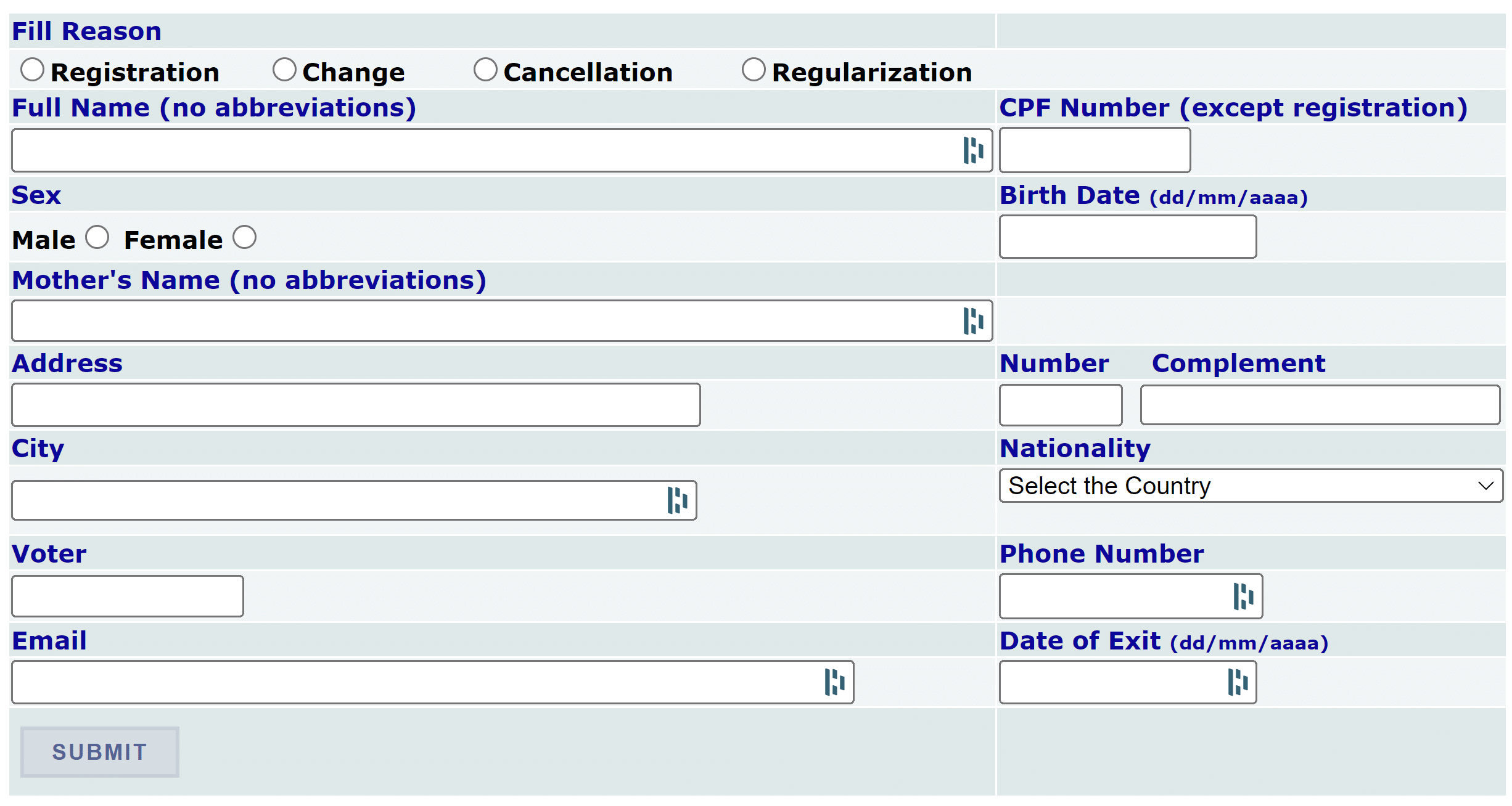CPF application form (FCPF) second screen to generate the CPF Tax ID application form