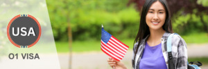 Smiling student with an American flag, symbolizing opportunities through the O1 visa.