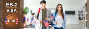 Smiling professionals holding U.S. flags for EB-2 Visa approval.