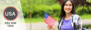 Happy woman holding an American flag, celebrating her EB2 NIW visa success.