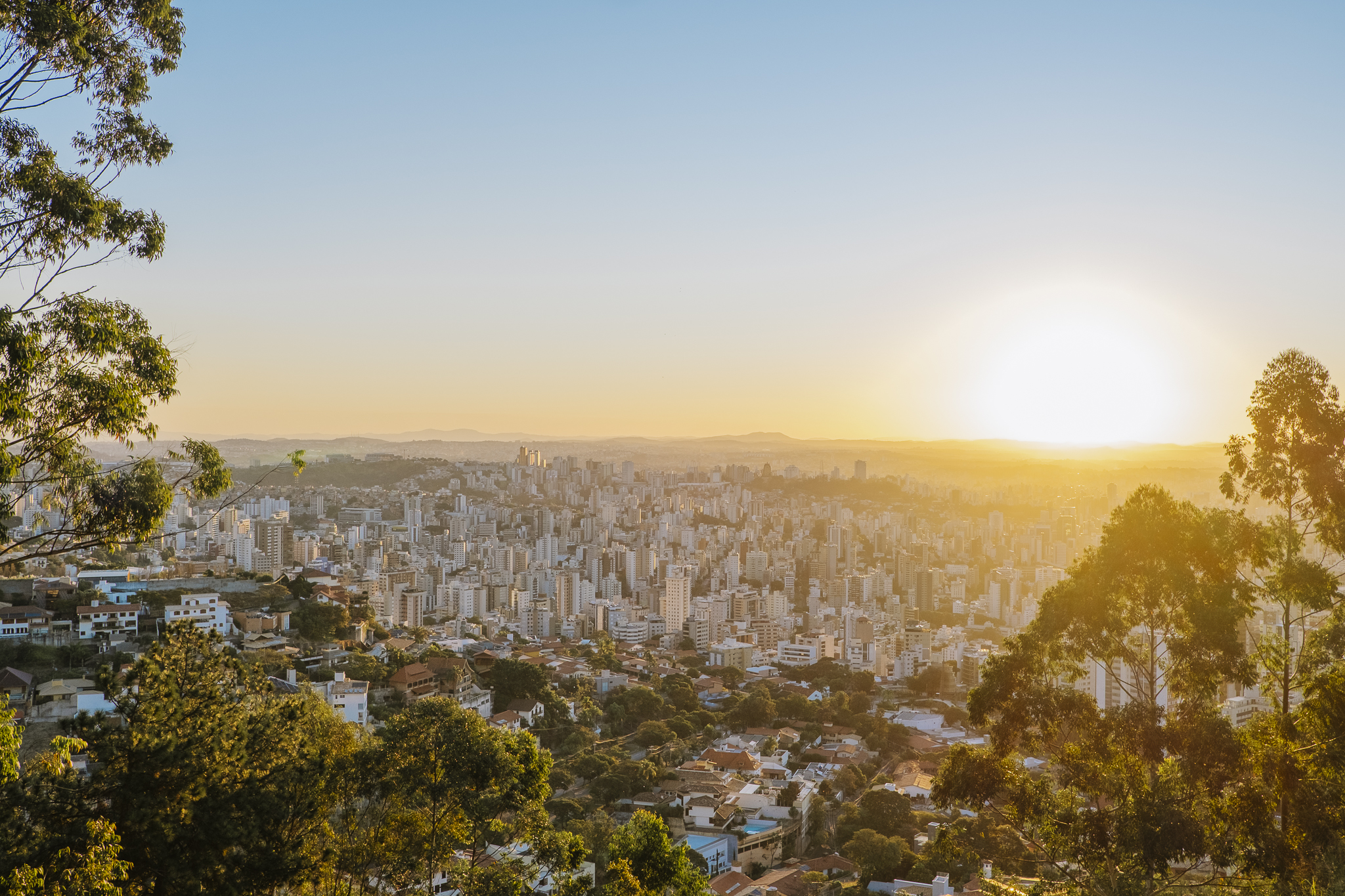 Wide sunset view over Belo Horizonte skyline seen from Mirante do Mangabeiras, framed by eucalyptus trees.