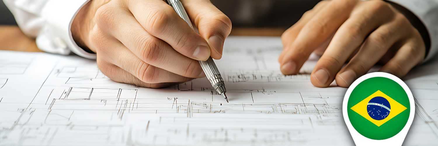 Foreign buyers reviewing blueprints and a 3D render of an off‑plan apartment project in Brazil