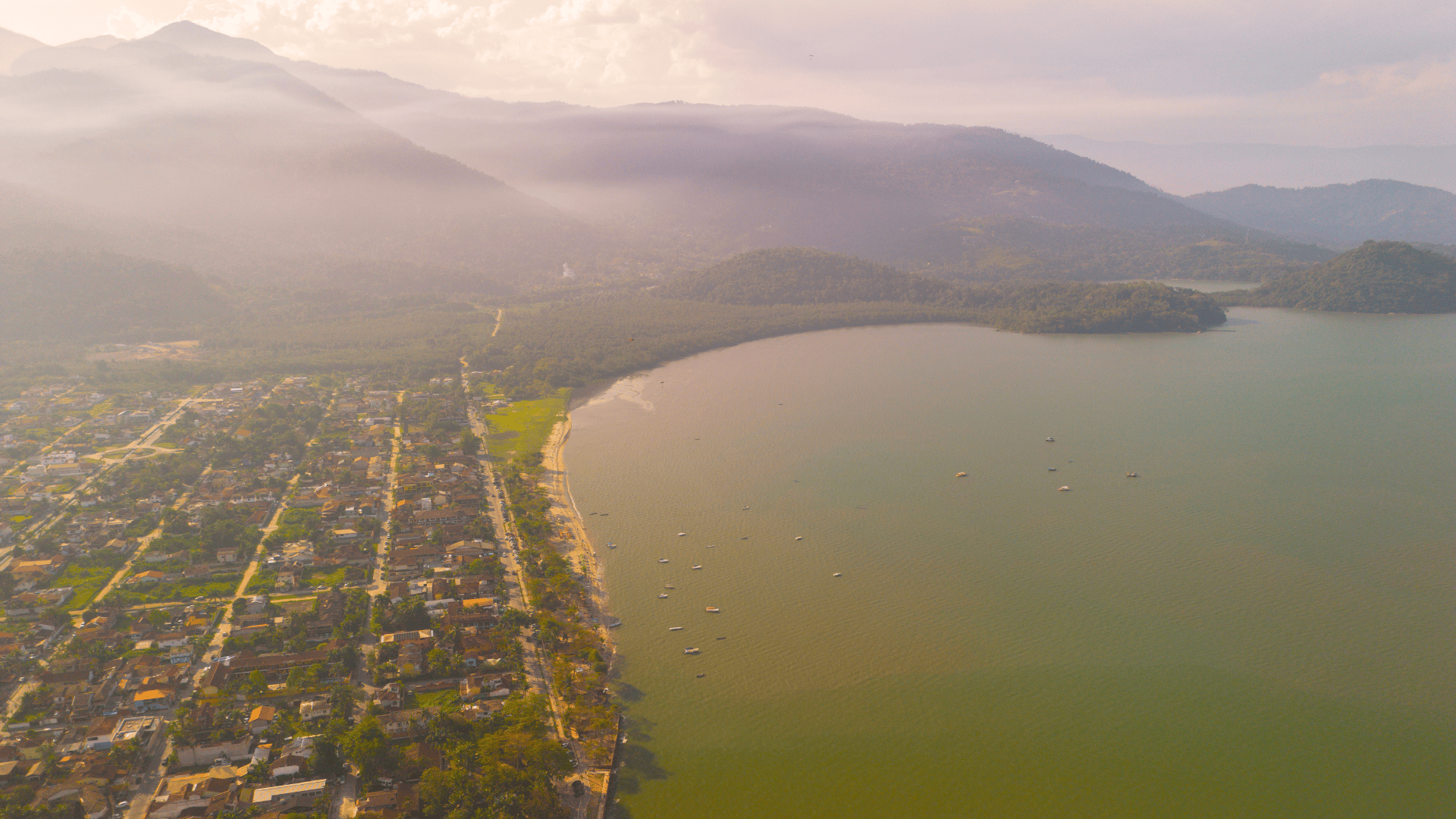 Panoramic view of Paraty Bay on Brazil’s Costa Verde, showing islands, mountains, and calm waters